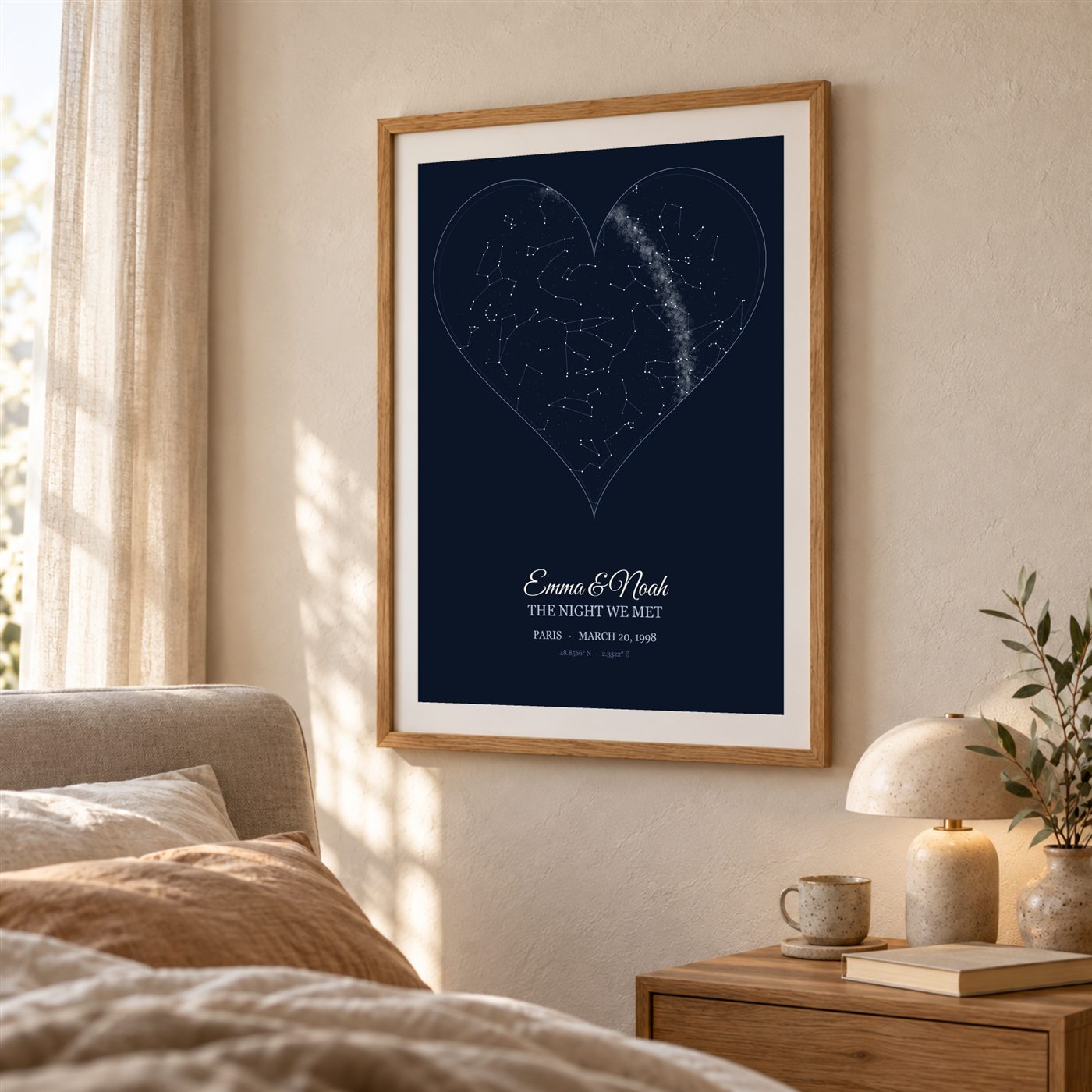Heart star map above a bed