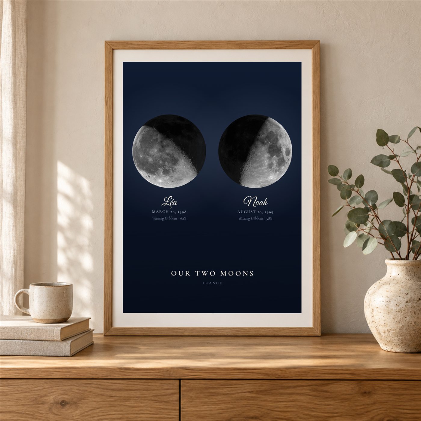 Two Moons print in an oak frame on a sideboard